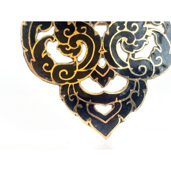 Siam Made Cloissone Gold Toned Black Enamel Ornate Vintage Cutout Brooch Pin - Picture 6 of 10